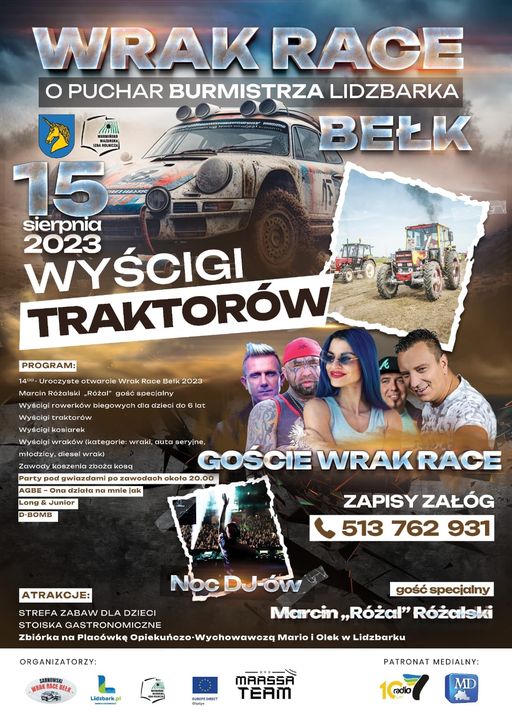 Plakat zapraszający we wtorek 15 sierpnia 2023 r. do miejscowości Bełk w gminie Lidzbark na WRAK RACE Bełk 2023.