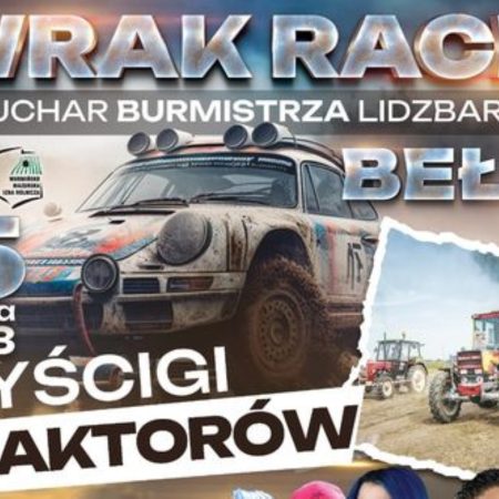Plakat zapraszający we wtorek 15 sierpnia 2023 r. do miejscowości Bełk w gminie Lidzbark na WRAK RACE Bełk 2023.