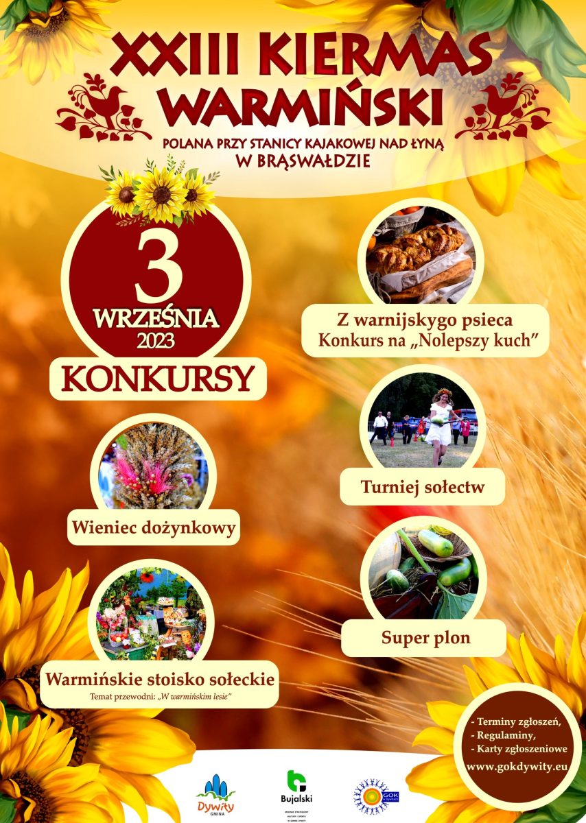 Plakat zapraszający w niedzielę 3 września 2023 r. do miejscowości Brąswałd w gminie Dywity Kiermas Warmiński Brąswałd 2023.