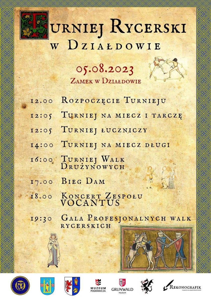 Plakat zapraszający w sobotę 5 sierpnia 2023 r. turystów i mieszkańców do Działdowa na Turniej Rycerski Działdowo 2023.