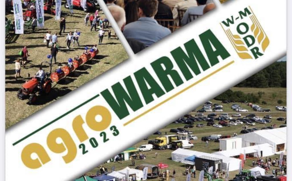 Plakat zapraszający w dniach 26-27 sierpnia 2023 r. do miejscowości Gryźliny w gminie Stawiguda na kolejną edycję Targów Warmii i Mazur agroWARMA 2023 Gryźliny.