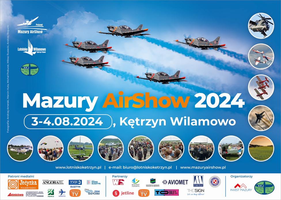 Plakat zapraszający w dniach 3-4 sierpnia 2024 r. na Lotnisko Wilamowo Kętrzyn na kolejną edycję Mazury AirShow 2024.
