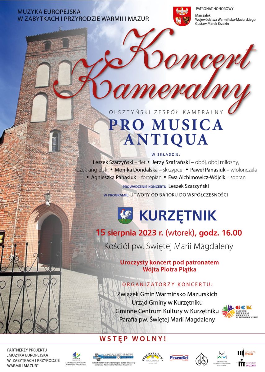Plakat zapraszający we wtorek 15 sierpnia 2023 r. do miejscowości Kurzętnik na Koncert Kameralny Pro Musica Antiqua Kurzętnik 2023.