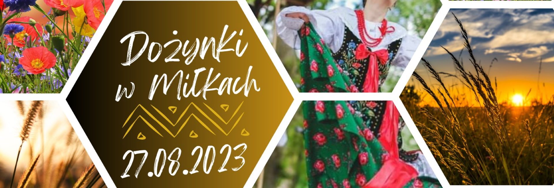 Plakat zapraszający w niedzielę 27 sierpnia 2023 r. do miejscowości Miłki w powiecie giżyckim na Dożynki Święto Plonów Miłki 2023.