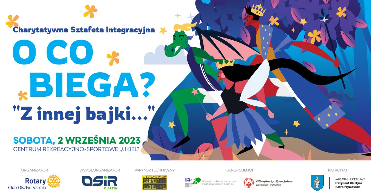 Plakat zapraszający w sobotę 2 września 2023 r. do Olsztyna na 6. edycję Charytatywnej Sztafety Integracyjnej „O CO BIEGA?” Olsztyn 2023.