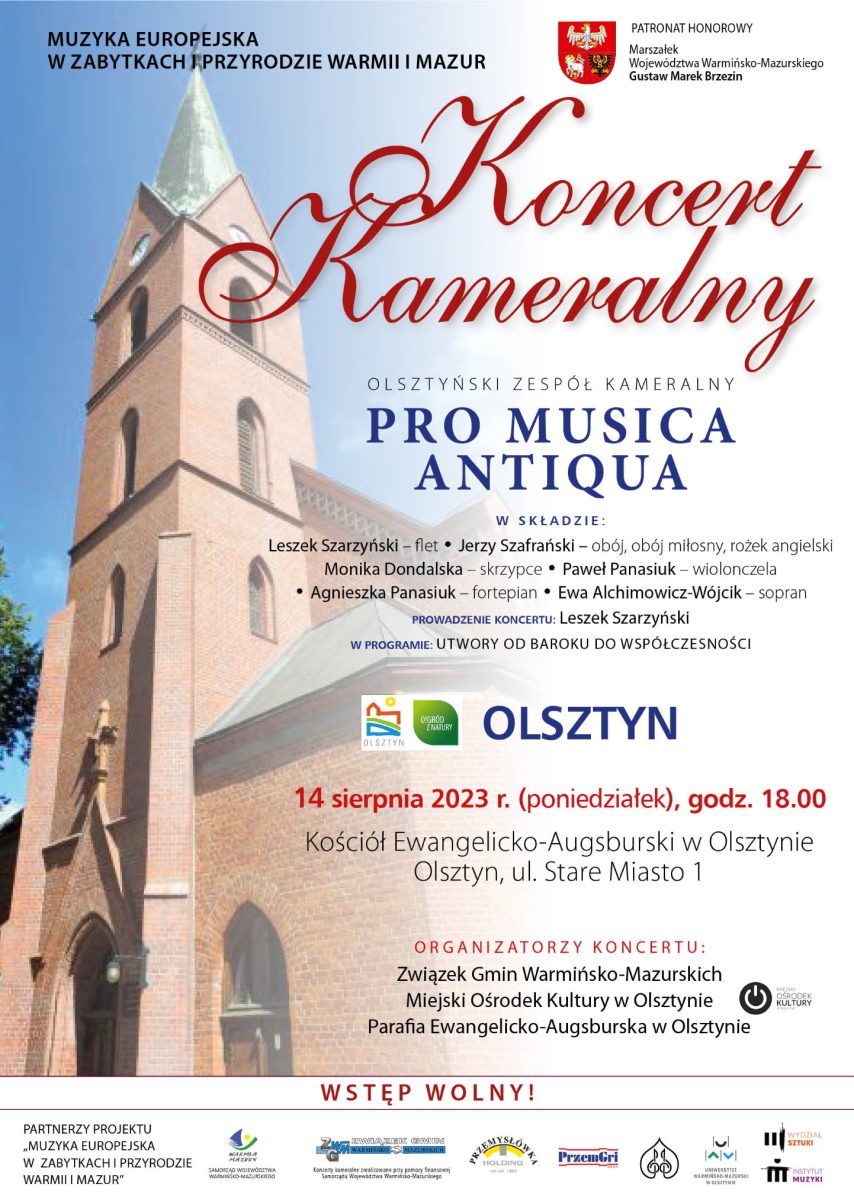 Plakat zapraszający w poniedziałek 14 sierpnia 2023 r. do Olsztyna na Koncert Kameralny Pro Musica Antiqua Olsztyn 2023.