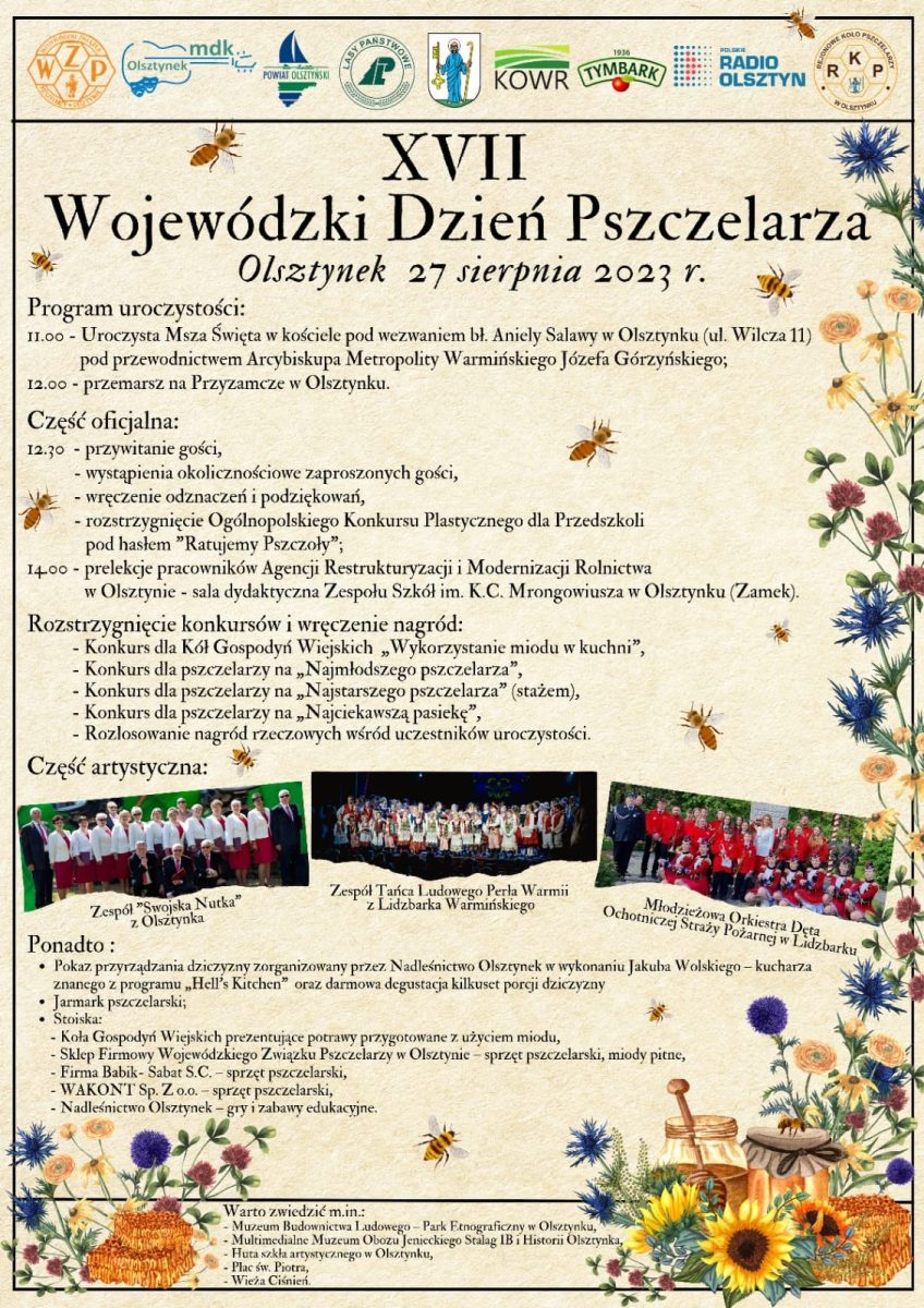 Plakat zapraszający w niedzielę 27 sierpnia 2023 r. do Olsztynka na 17. edycję Wojewódzkiego Dnia Pszczelarza Olsztynek 2023.