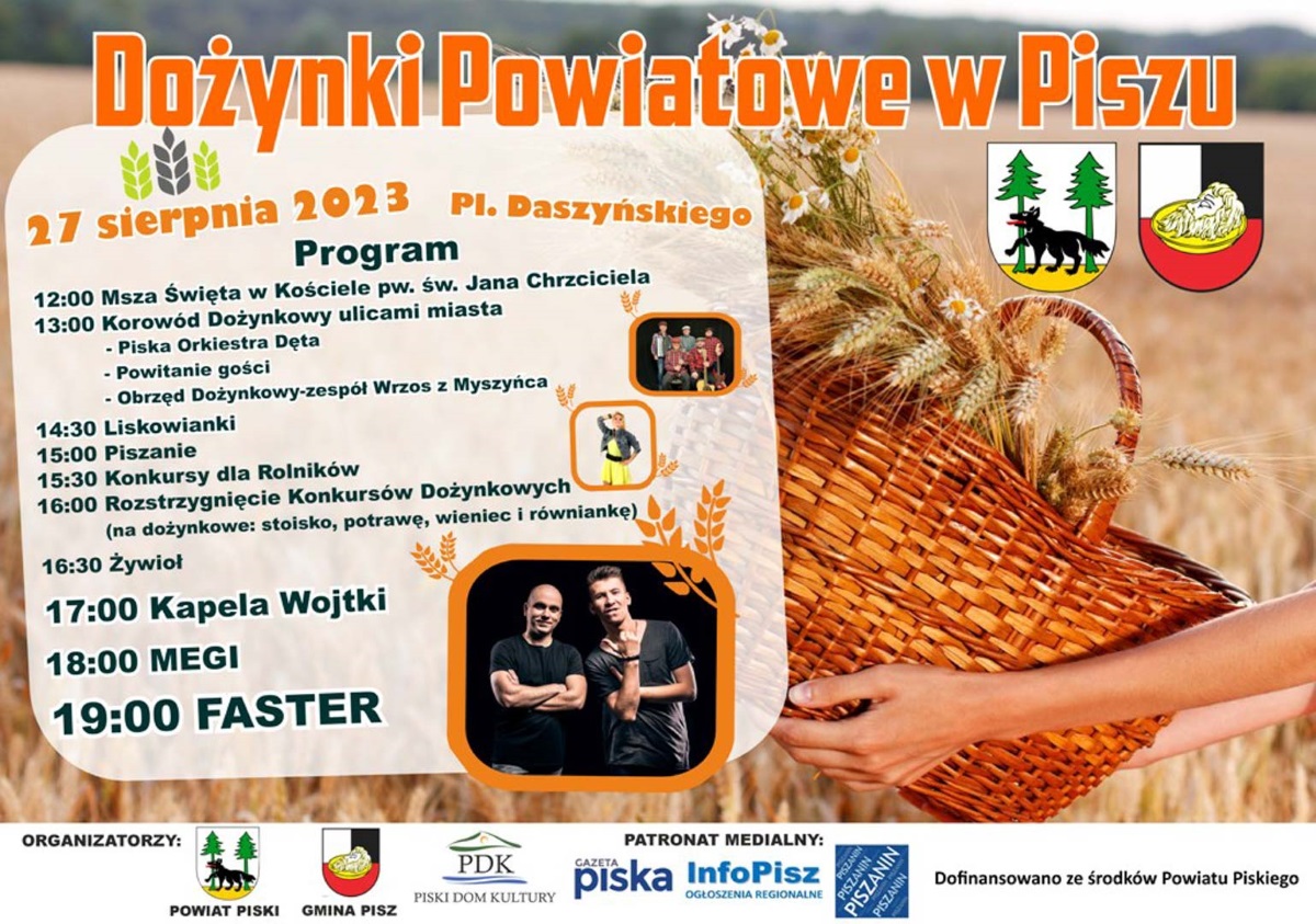 Plakat zapraszający w niedzielę 27 sierpnia 2023 r. do Pisza na Dożynki Powiatowe Pisz 2023.