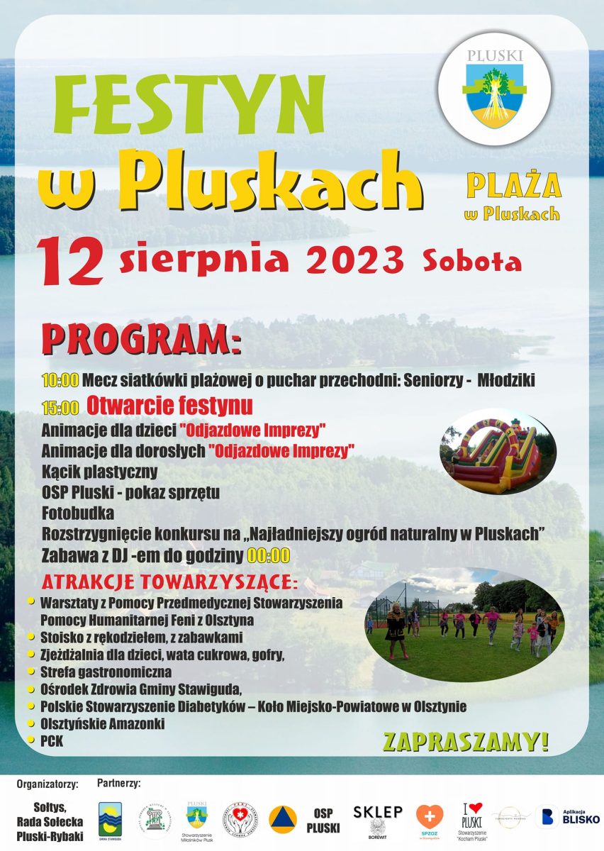 Plakat zapraszający w sobotę 12 sierpnia 2023 r. do miejscowości Pluski w gminie Stawiguda na Festyn w Pluskach 2023.