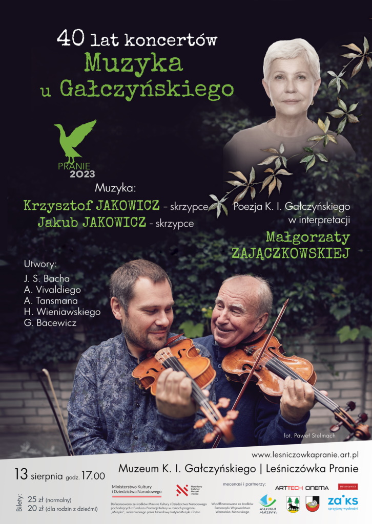 Plakat zapraszający do miejscowości Pranie w gminie Ruciane-Nida na koncert „Muzyka u Gałczyńskiego” 40 Lat Koncertów Leśniczówka Pranie 2023.
