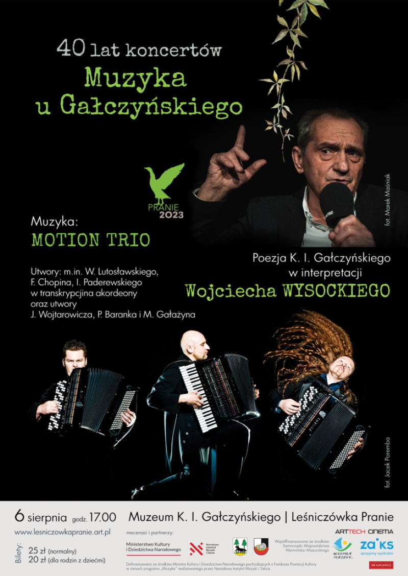 Plakat zapraszający w niedzielę 6 sierpnia 2023 r. do miejscowości Pranie w gminie Ruciane-Nida na koncert „Muzyka u Gałczyńskiego” 40 Lat Koncertów LEŚNICZÓWKA PRANIE 2023.