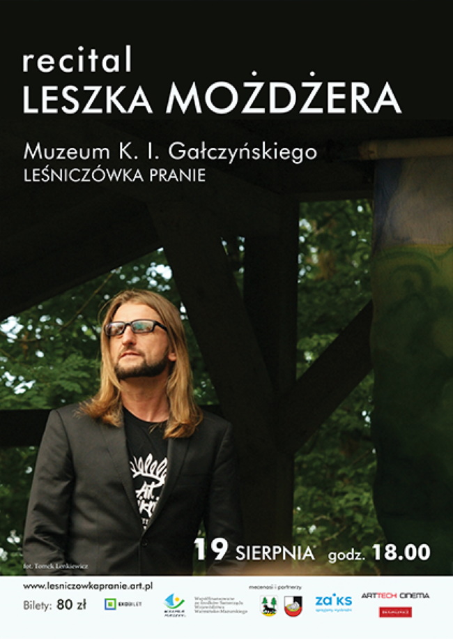 Plakat zapraszający w sobotę 19 sierpnia 2023 r. do miejscowości Pranie w gminie Ruciane-Nida na Recital Leszka Możdżera Leśniczówka Pranie 2023.