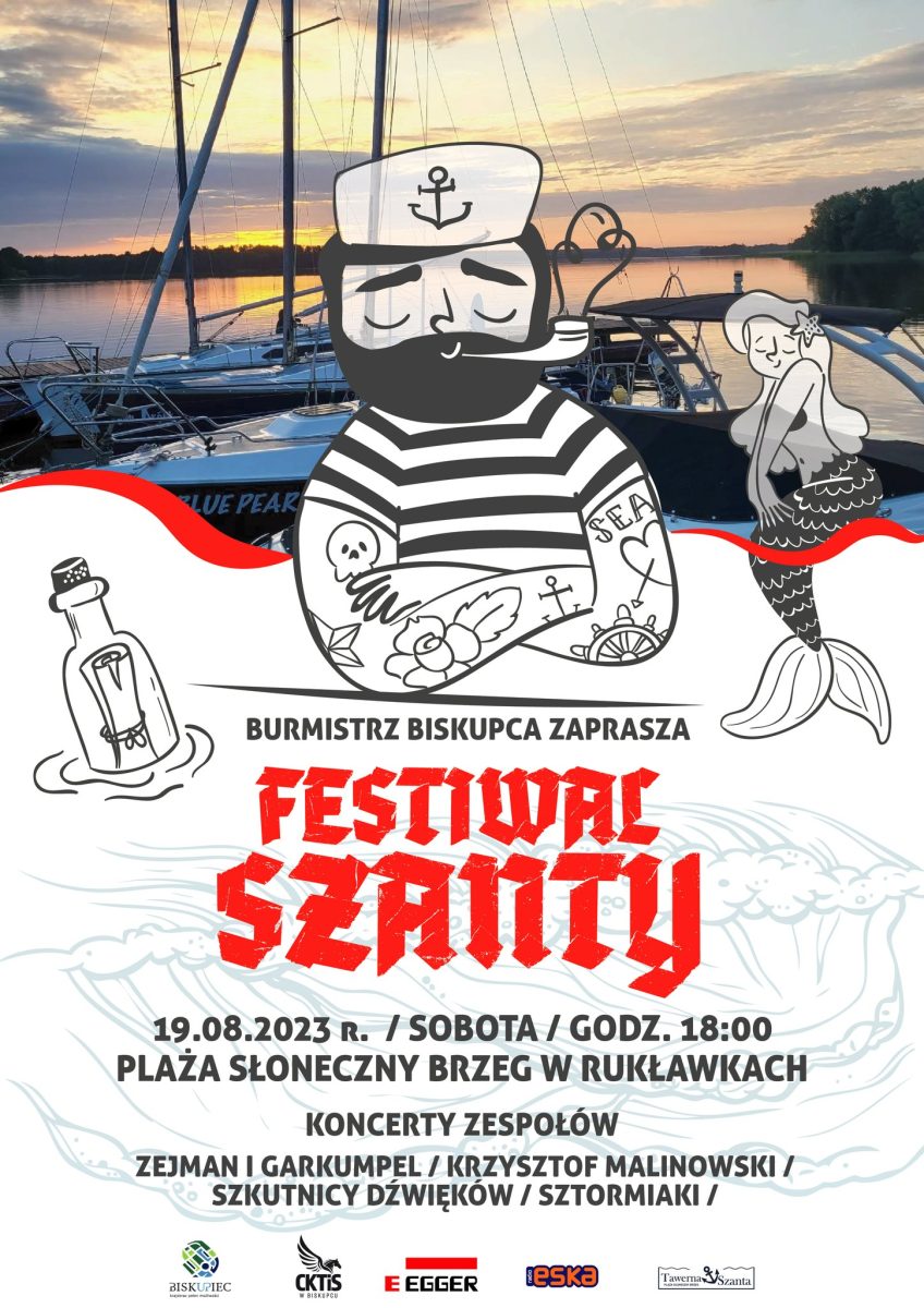 Plakat zapraszający w sobotę 19 sierpnia 2023 r. do miejscowości Rukławki na Festiwal Szanty Rukławki 2023.