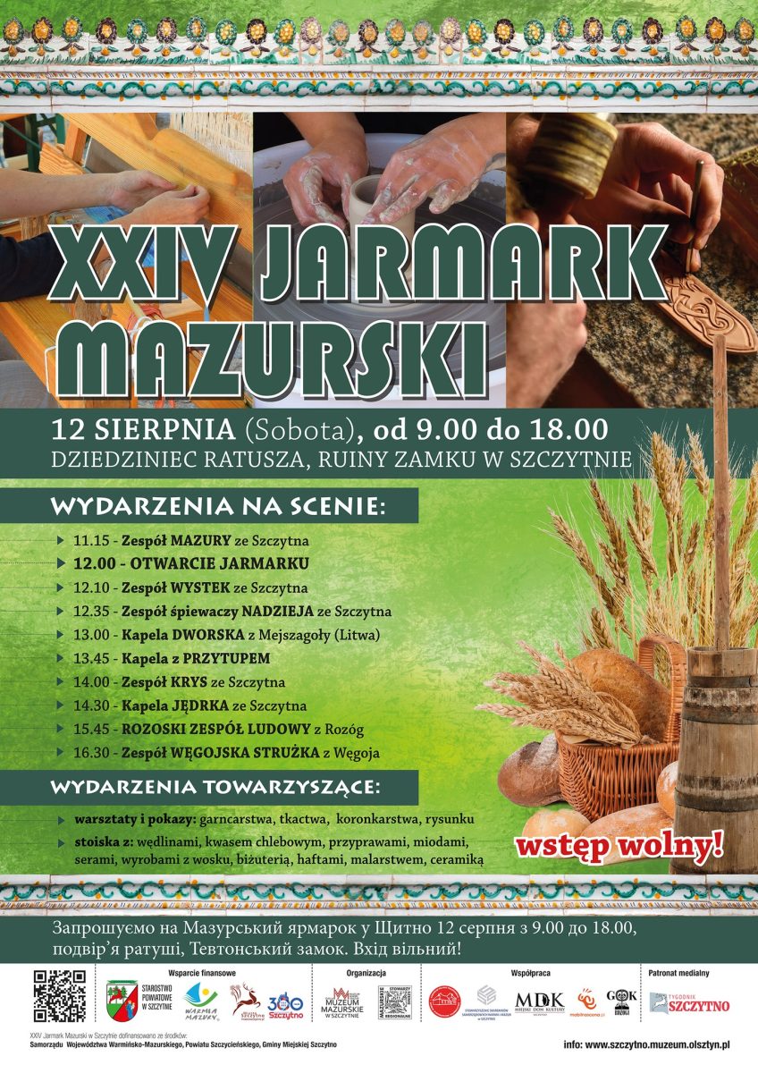 Plakat zapraszający w sobotę 12 sierpnia 2023 r. do Szczytna na 24. edycję Jarmarku Mazurskiego Szczytno 2023.