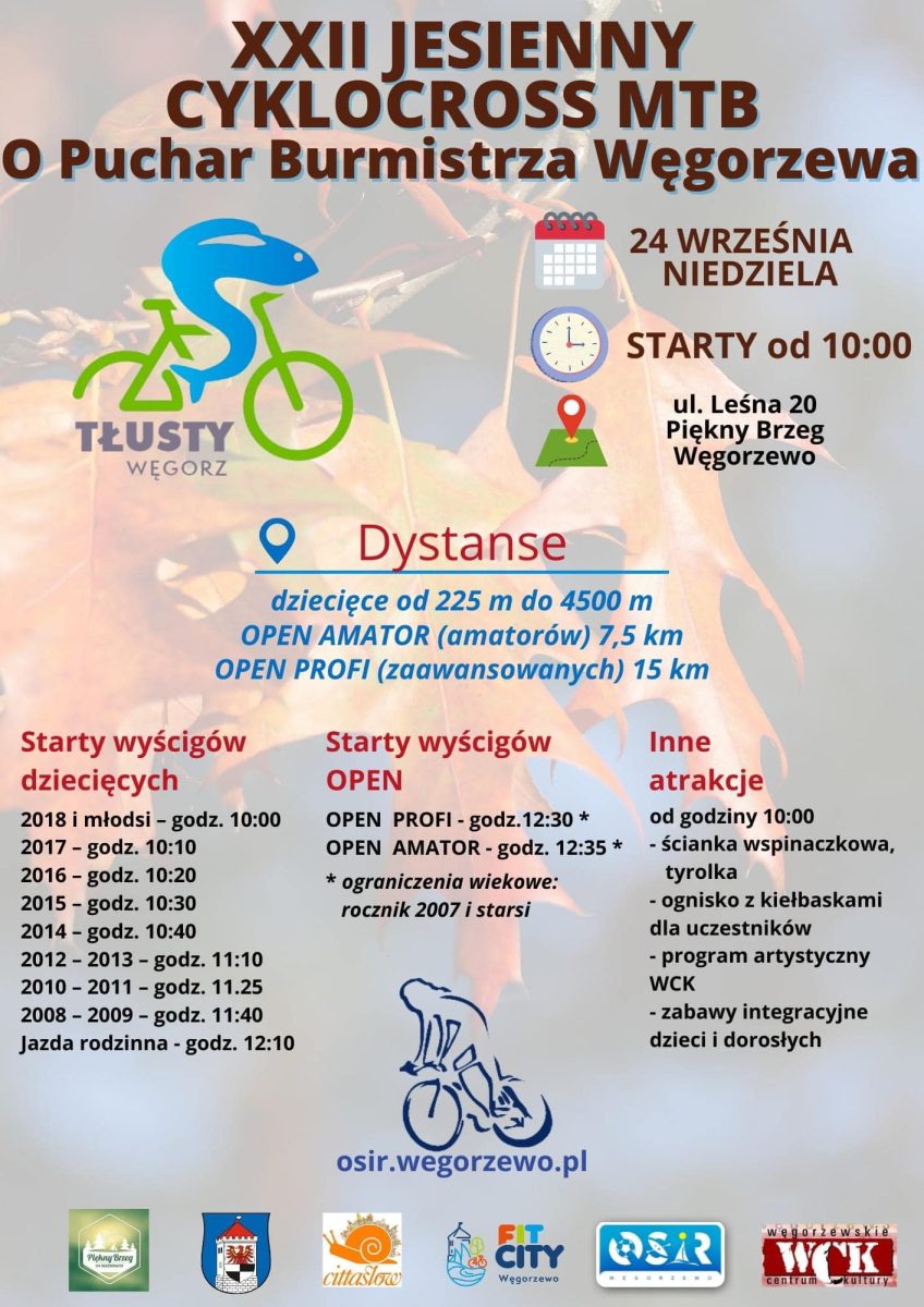 Plakat zapraszający do Węgorzewa na Jesienny Cyklocross MTB o Puchar Burmistrza Węgorzewa 2023.