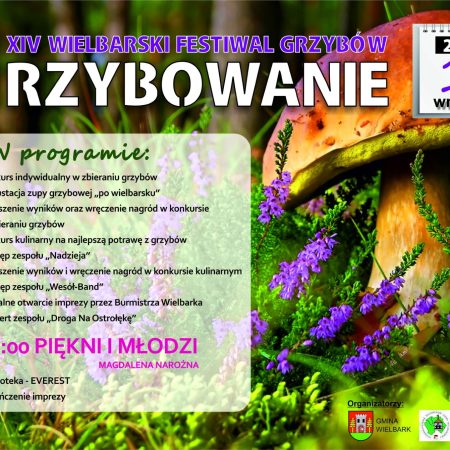Plakat zapraszający w niedzielę 17 września 2023 r. do Wielbarka na Festiwal Grzybów "Grzybowanie" Wielbark 2023.