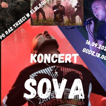 Plakat zapraszający w sobotę 16 września 2023 r. do Elbląga na koncert zespołu SOVA Elbląg 2023.