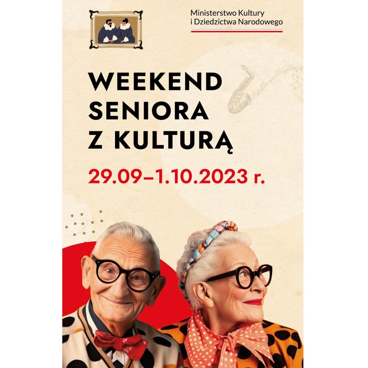 Plakat zapraszający w dniach od 29 września do 1 października 2023 r. do Grunwaldu na "Weekend Seniora z Kulturą" - Muzeum Grunwald 2023. 