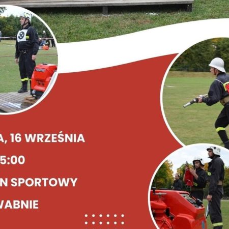 Plakat zapraszający w sobotę 16 września 2023 r. do Jedwabna na 11. edycję Powiatowych Zawodów Sportowo-Pożarniczych Jedwabno 2023.