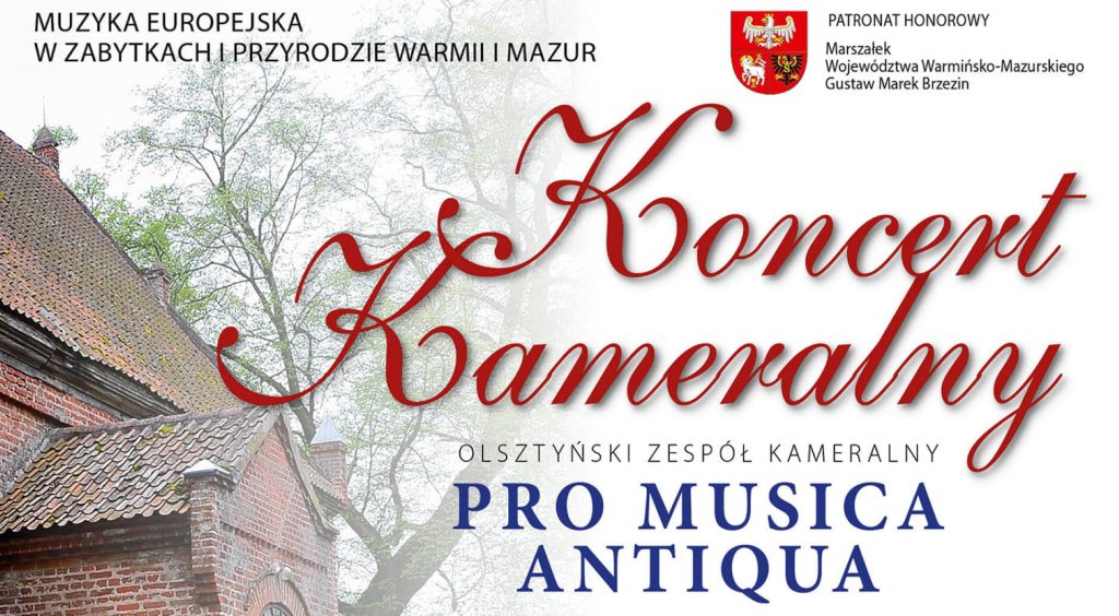 Plakat zapraszający w czwartek 28 września 2023 r. do miejscowości Łęguty w gminie Gietrzwałd na Koncert Kameralny Pro Musica Antiqua Łęguty 2023.