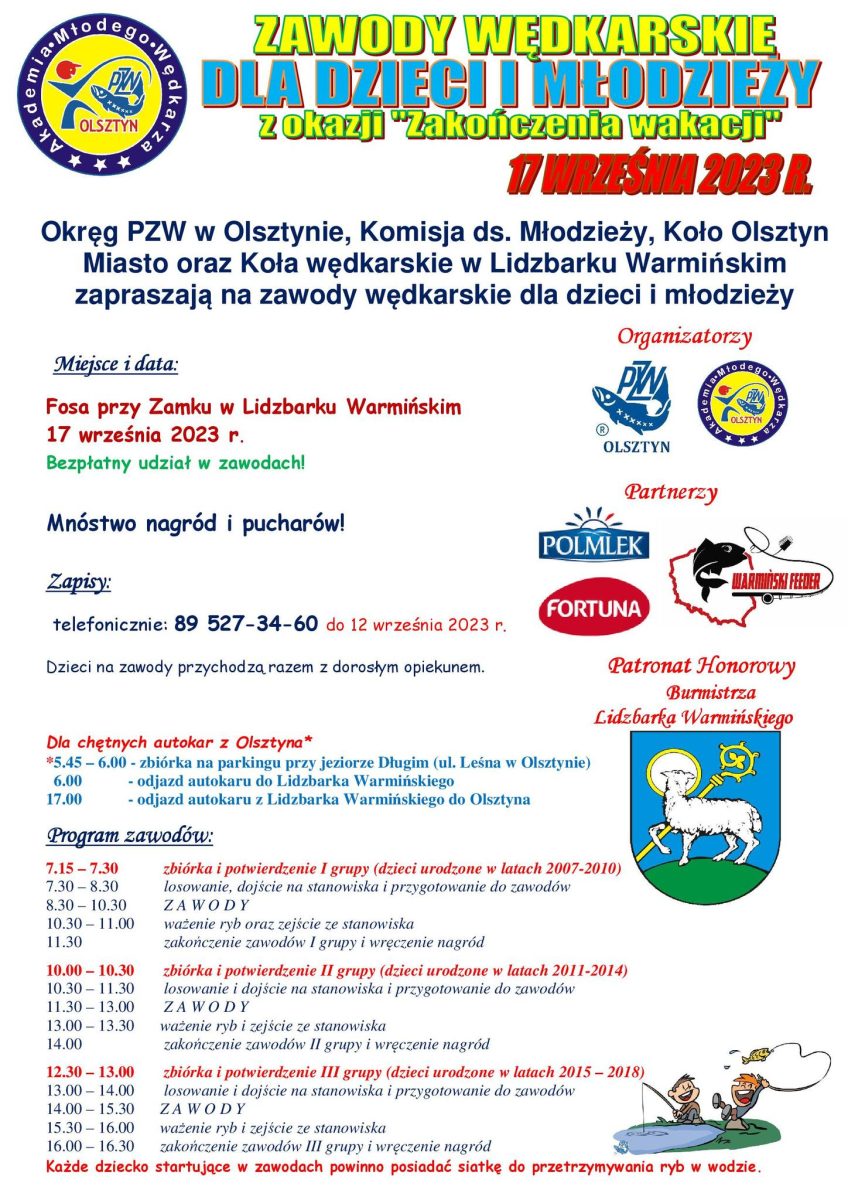 Plakat zapraszający w niedzielę 17 września 2023 r. do Lidzbark Warmińskiego na zawody wędkarskie dla dzieci i młodzieży Lidzbark Warmiński 2023.