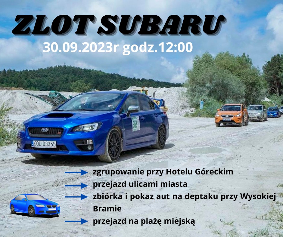 Plakat zapraszający w sobotę 30 września 2023 r. do Lidzbarka Warmińskiego na Zlot Subaru Lidzbark Warmiński 2023.