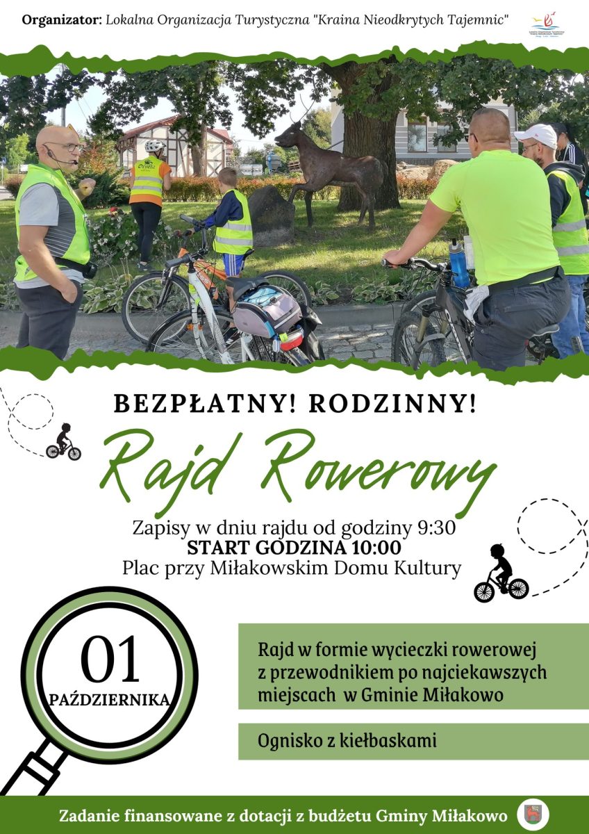 Plakat zapraszający w niedzielę 1 października 2023 r. do Miłakowa na Rajd Rowerowy Miłakowo 2023.