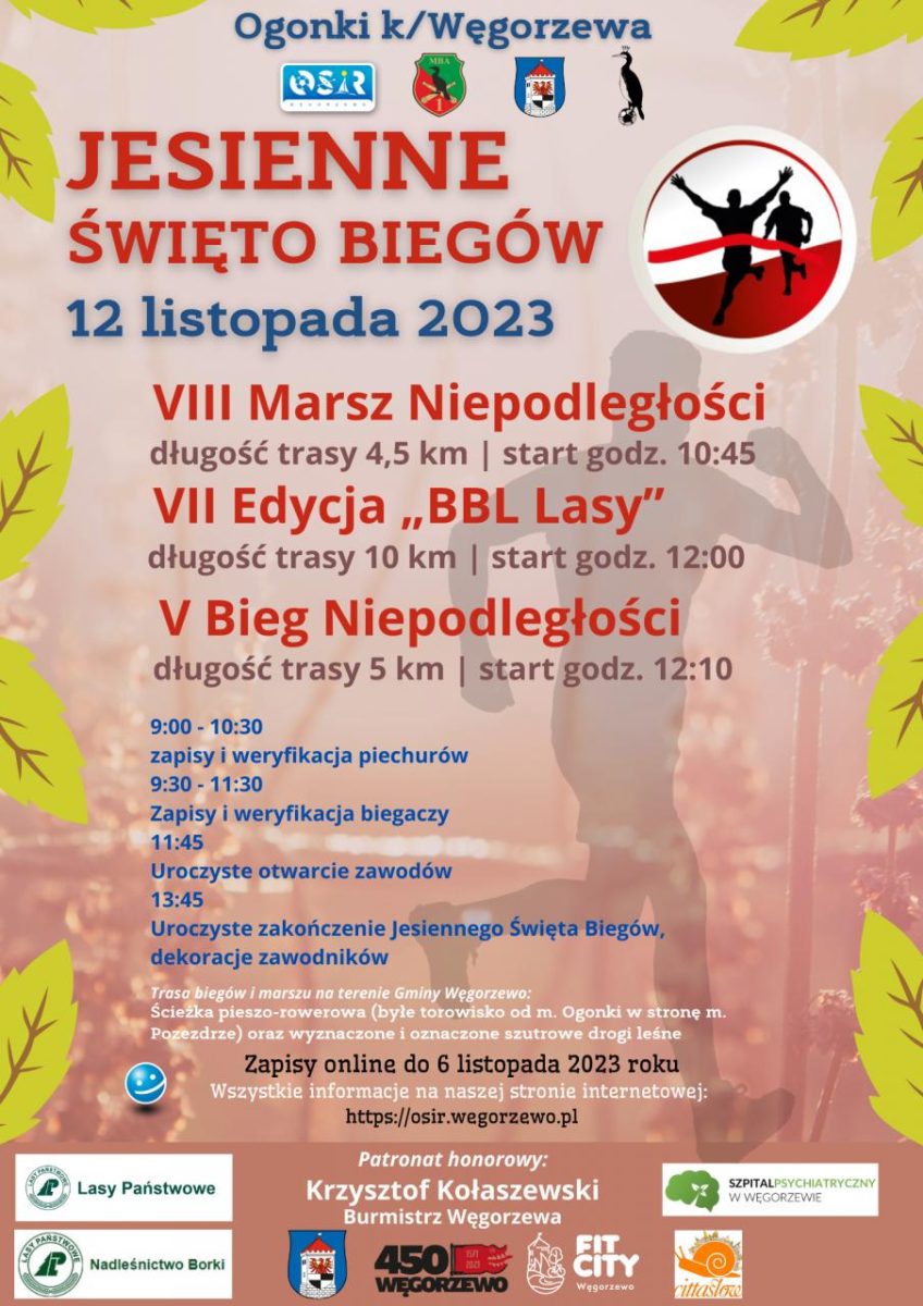 Plakat zapraszający w niedzielę 12 listopada 2023 r. do miejscowości Ogonki k. Węgorzewa na Jesienne Święto Biegów OGONKI 2023.