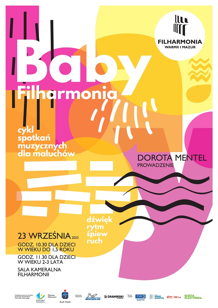 Plakat zapraszający do Olsztyna na BABY Filharmonia Olsztyn 2023.