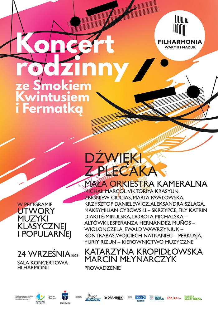 Plakat zapraszający do Olsztyna na koncert rodzinny ze Smokiem Kwintusiem i Fermatką – "Dźwieki z plecaka" Filharmonia Olsztyn 2023.