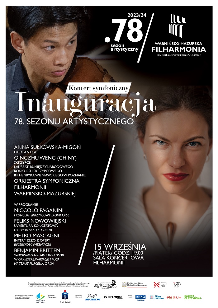 Plakat zapraszający w piątek 15 września 2023 r. do Olsztyna na koncert symfoniczny - Inauguracja 78. sezonu artystycznego Filharmonii Olsztyn 2023/2024.