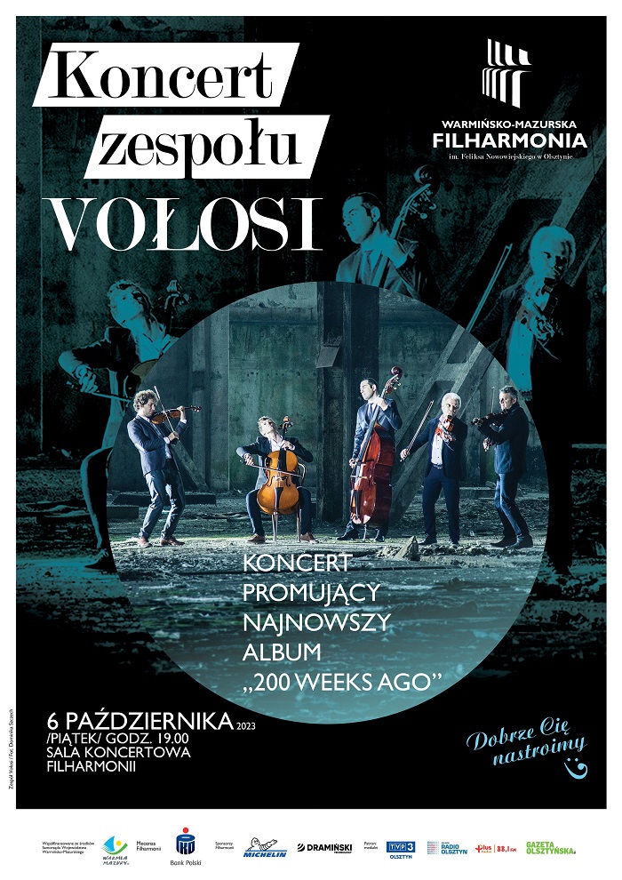 Plakat zapraszający w piątek 6 października 2023 r. do Olsztyna na koncert zespołu VOŁOSI Filharmonia Olsztyn 2023.