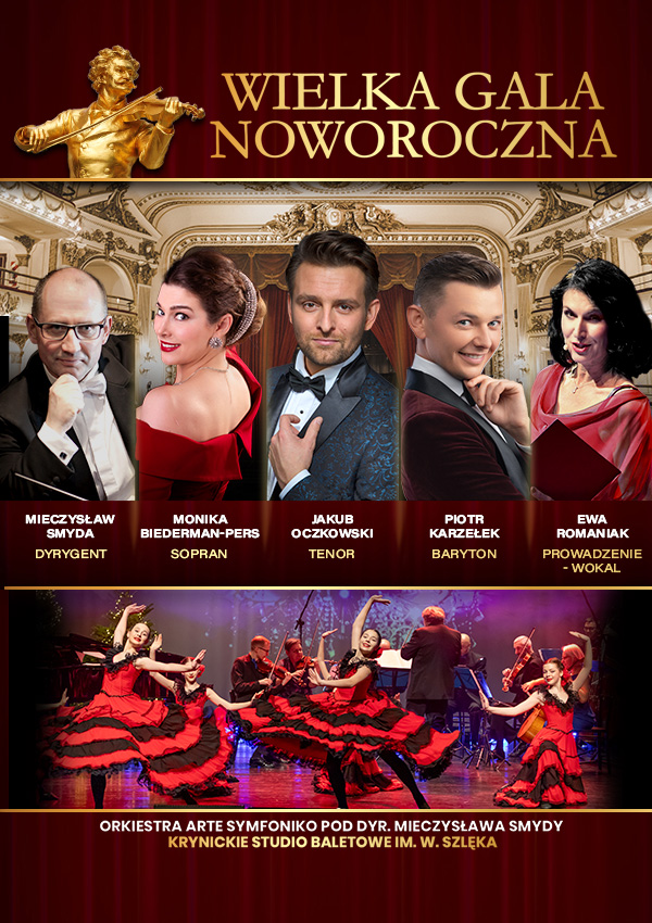 Plakat zapraszający w sobotę 20 stycznia 2024 r. do Olsztyna na Wielką Galę Noworoczną - Koncert Wiedeński - Światowe Standardy Muzyki Rozrywkowej Filharmonia Olsztyn 2024.