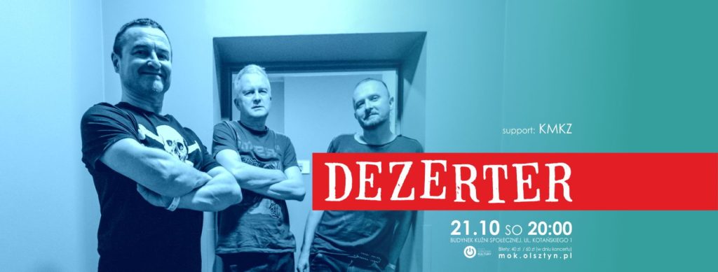 Plakat zapraszający w sobotę 21 października 2023 r. do Olsztyna na koncert zespołu DEZERTER Olsztyn 2023.