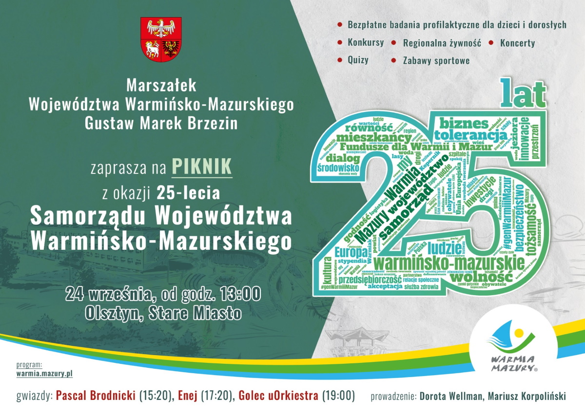 Plakat zapraszający w niedzielę 24 września 2023 r. do Olsztyna na Piknik z okazji 25-lecia Samorządu Województwa Warmińsko-Mazurskiego Olsztyn 2023.
