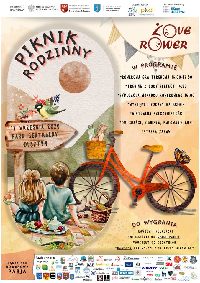 Plakat zapraszający w niedzielę 17 września 2023 r. do Olsztyna na Piknik rodzinny Love Rower Olsztyn 2023.