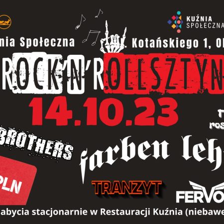 Plakat zapraszający w sobotę 14 października 2023 r. do Olsztyna na koncert ROCK'N'ROLLSZTYN Olsztyn 2023.