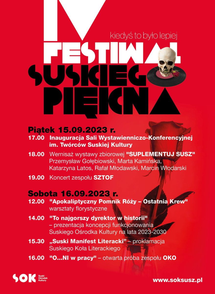 Plakat zapraszający w dniach 15-16 września 2023 r. do miejscowości Susz na kolejną edycję Festiwalu Suskiego Piękna SUSZ 2023. 