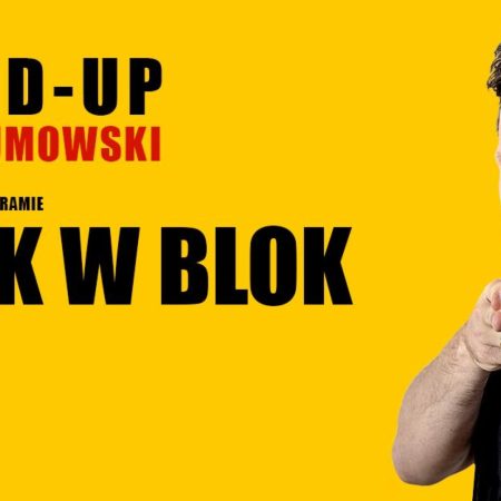 Plakat zapraszający na stand-up Rafał Sumowski "Skok w blok". 
