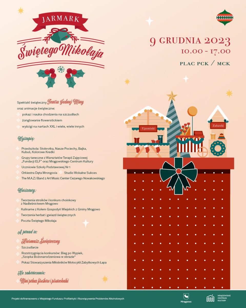 Plakat zapraszający w sobotę 9 grudnia 2023 r. do Mrągowa na Jarmark Świętego Mikołaja Mrągowo 2023.