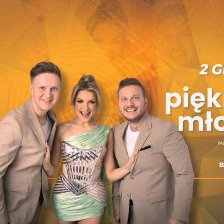 Plakat zapraszający w sobotę 2 grudnia 2023 r. do Mrągowa na koncert zespołu Piękni i Młodzi Mrągowo 2023.