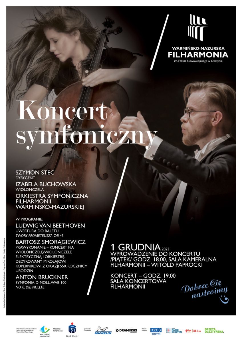 Plakat zapraszający w piątek 1 grudnia 2023 r. do Olsztyna na koncert symfoniczny Filharmonia Olsztyn 2023.
