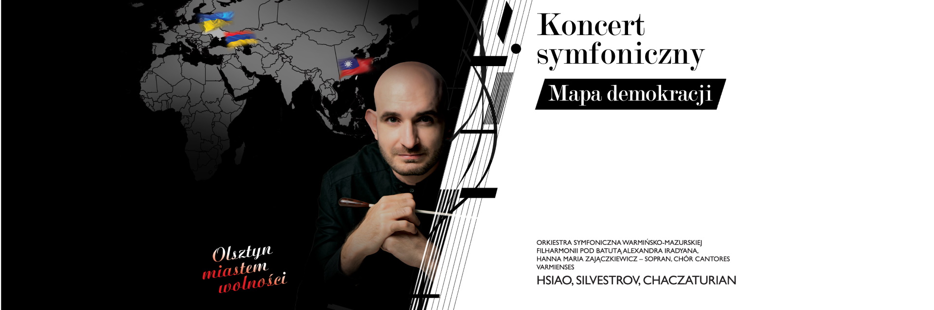 Plakat zapraszający w piątek 8 grudnia 2023 r. do Olsztyna na koncert symfoniczny - "Mapa demokracji" Filharmonia Olsztyn 2023.