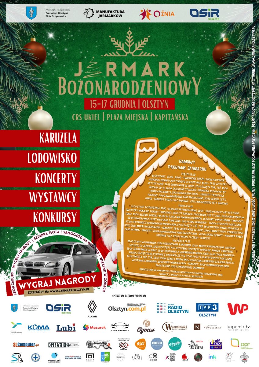 Plakat zapraszający w dniach 15-17 grudnia 2023 r. do Olsztyna na kolejną edycję Jarmarku Bożonarodzeniowego Olsztyn 2023.