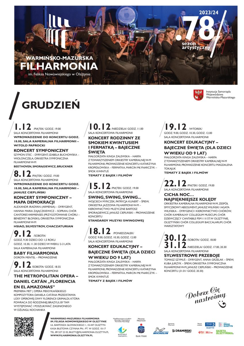 Kalendarz imprez w Filharmonii Olsztyn na grudzień 2023 r.