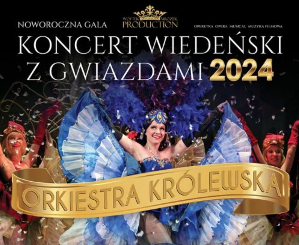 Plakat zapraszający we wtorek 9 stycznia 2024 r. do Olsztyna na Koncert Wiedeński z Gwiazdami Filharmonia Olsztyn 2024.