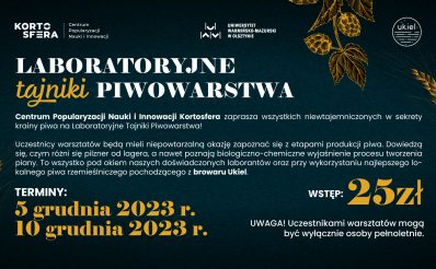 Plakat zapraszający do Olsztyna na warsztaty – Laboratoryjne Tajniki Piwowarstwa Olsztyn 2023.
