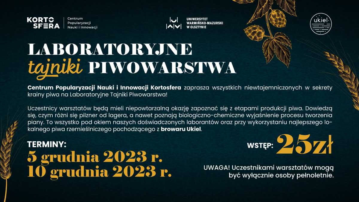 Plakat zapraszający do Olsztyna na warsztaty – Laboratoryjne Tajniki Piwowarstwa Olsztyn 2023.