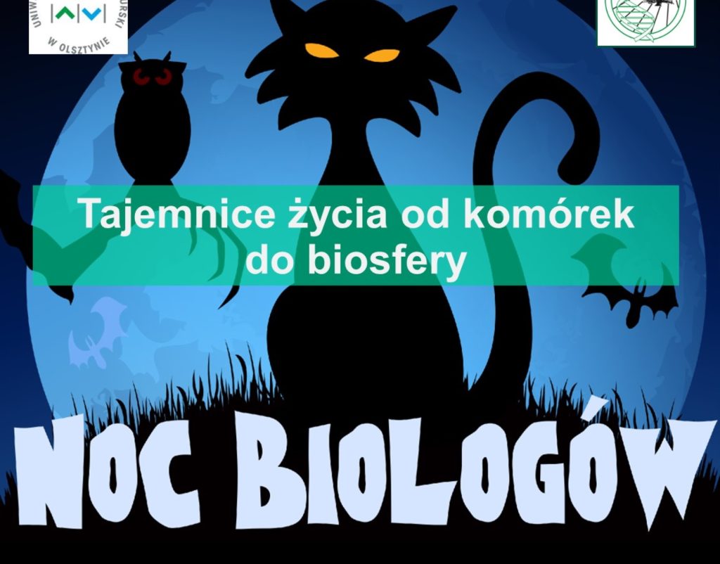 Plakat zapraszający w piątek 12 stycznia 2024 r. do Olsztyna na Noc Biologów - Uniwersytet Warmińsko-Mazurski Olsztyn 2024.