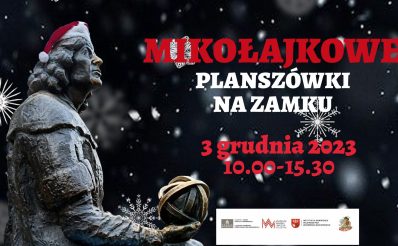 Plakat zapraszający w niedzielę 3 grudnia 2023 r. do Muzeum Warmii i Mazur w Olsztynie na Spotkanie "Mikołajkowe planszówki na zamku" - Muzeum Olsztyn 2023.